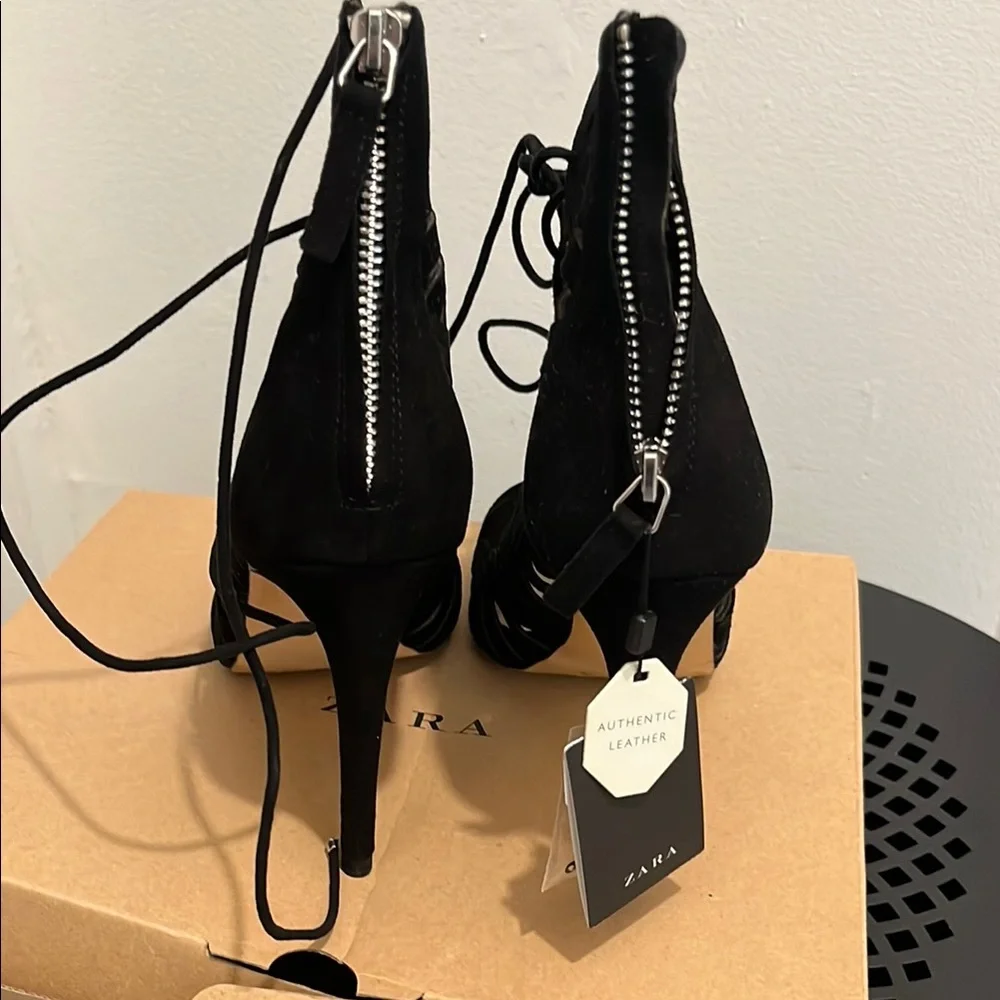Zara Black Leather/Suede Lace-Up Heels